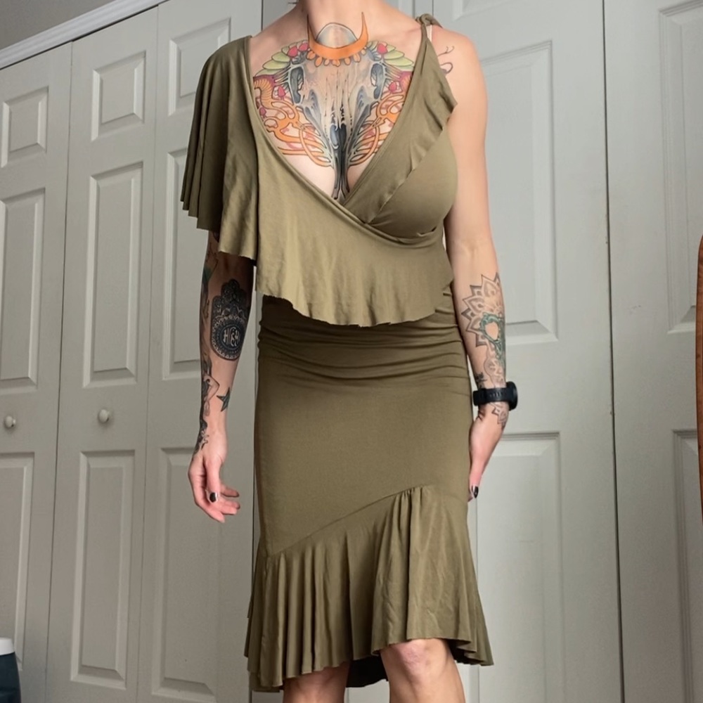 Arden B Assymetrical army green flowy dress. Size S